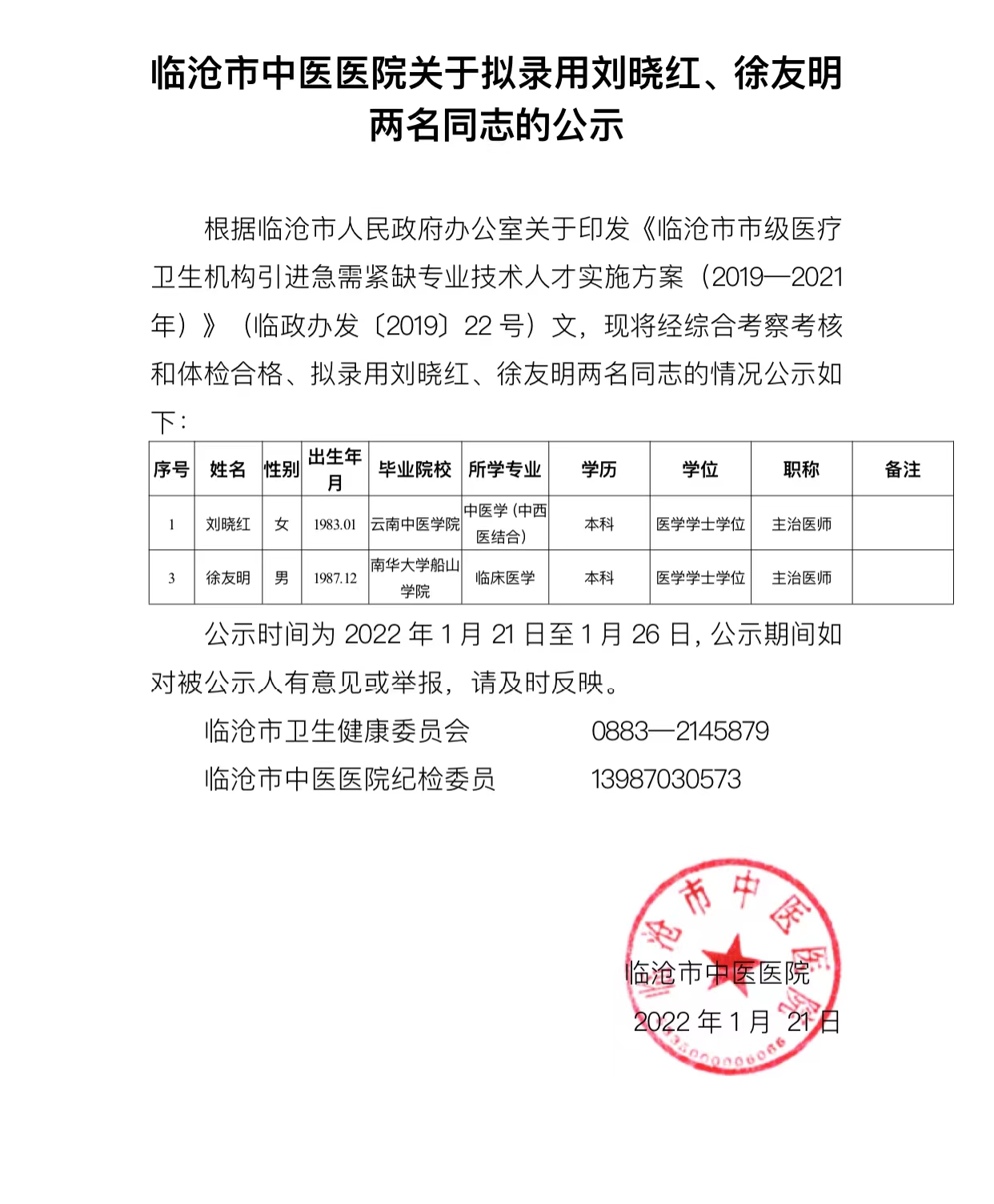 關(guān)于擬錄用劉曉紅、徐友明兩名同志的公示